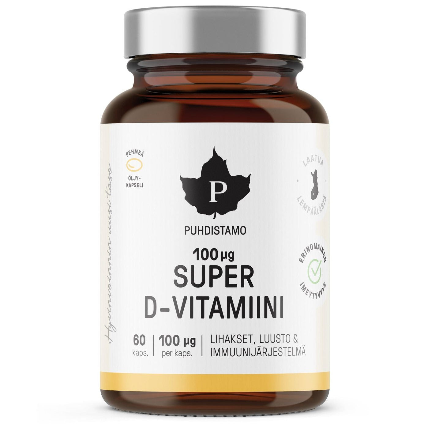 A brown glass bottle with a silver lid labeled Puhdistamo Super Vitamin D 100 mikrog, containing 60 capsules of vitamin D3. The label features product info and quality icons, similar to premium cod liver oil supplements. Brand: Puhdistamo.