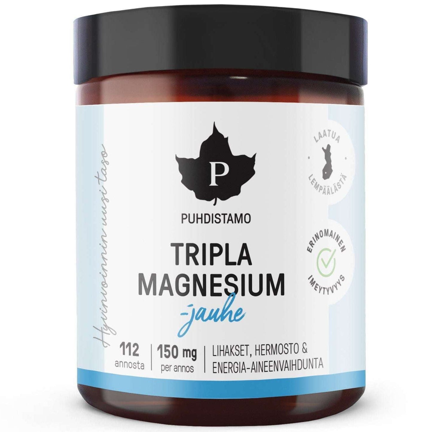 A brown jar of Puhdistamo Triple Magnesium Powder with a black lid, featuring 112 servings at 150 mg each, supports energy metabolism and muscles. Label in Finnish; product by Puhdistamo.