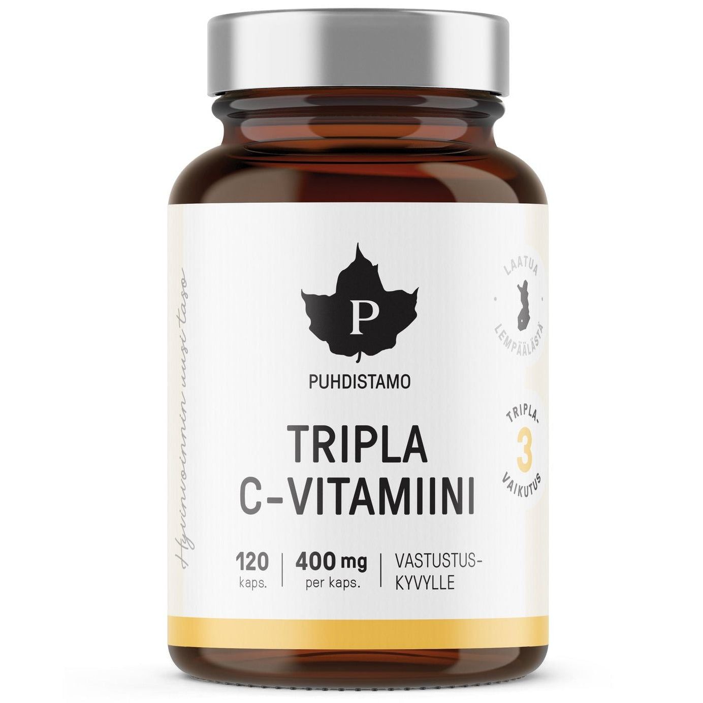 A minimalist brown glass bottle with a silver cap contains 120 capsules of Puhdistamo Triple Vitamin C, each 400 mg from camu camu berries, labeled with the brand’s white design.