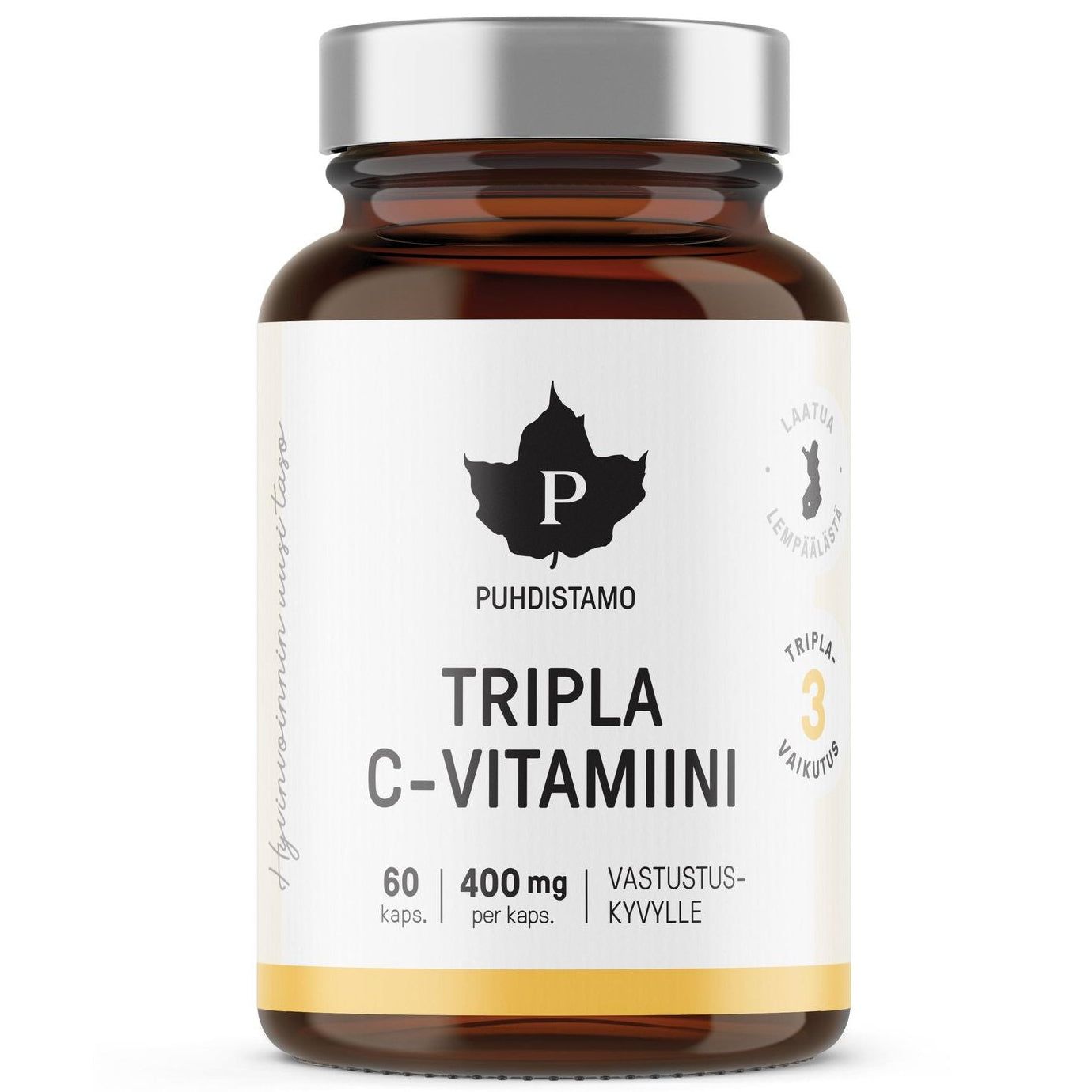A brown glass bottle with a silver lid labeled Puhdistamo Triple Vitamin C contains 60 capsules of highly absorbable 400 mg vitamin C made from camu camu berries. The Finnish label features a clean, minimalistic design. Brand: Puhdistamo.
