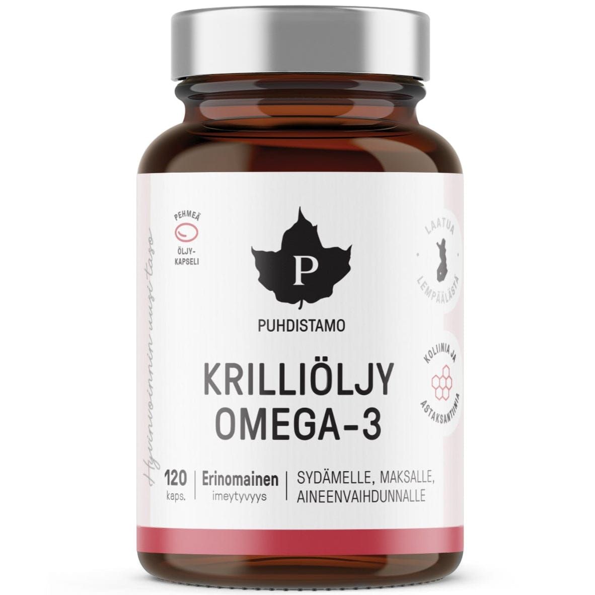 A brown bottle labeled Puhdistamo Krill Oil Omega-3 (120 capsules) by Puhdistamo, with black and pink text, a leaf logo, and symbols for quality Antarctic omega-3 krill oil and soft capsules.