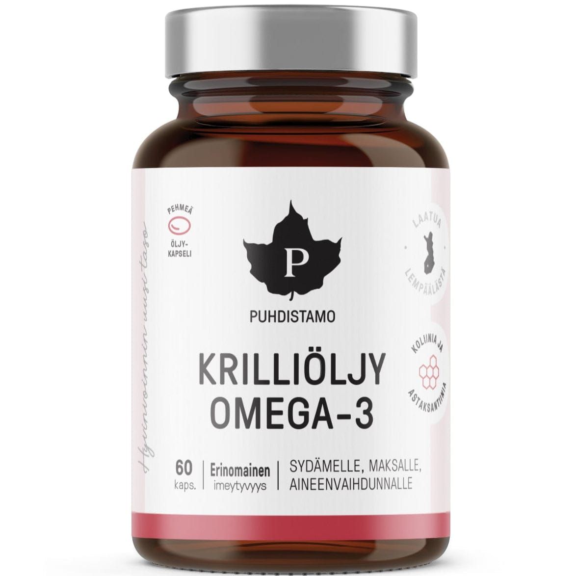 A brown glass bottle labeled Puhdistamo Krill Oil Omega-3 contains 60 capsules. The Finnish label, in black and pink with a leaf logo, highlights Antarctic omega-3 benefits for heart, liver, and metabolism. Brand: Puhdistamo.