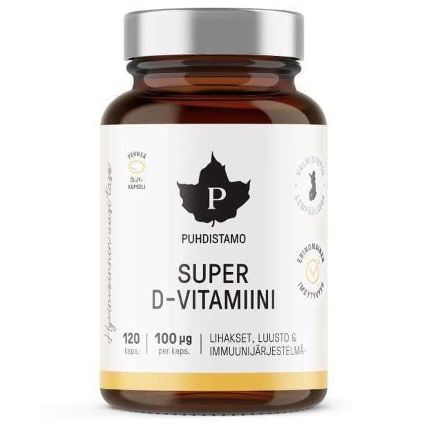 A brown glass bottle labeled Puhdistamo Super Vitamin D 100 mikrog by Puhdistamo, with a black cap and white label featuring Finnish text and icons; contains 120 capsules of vitamin D3.