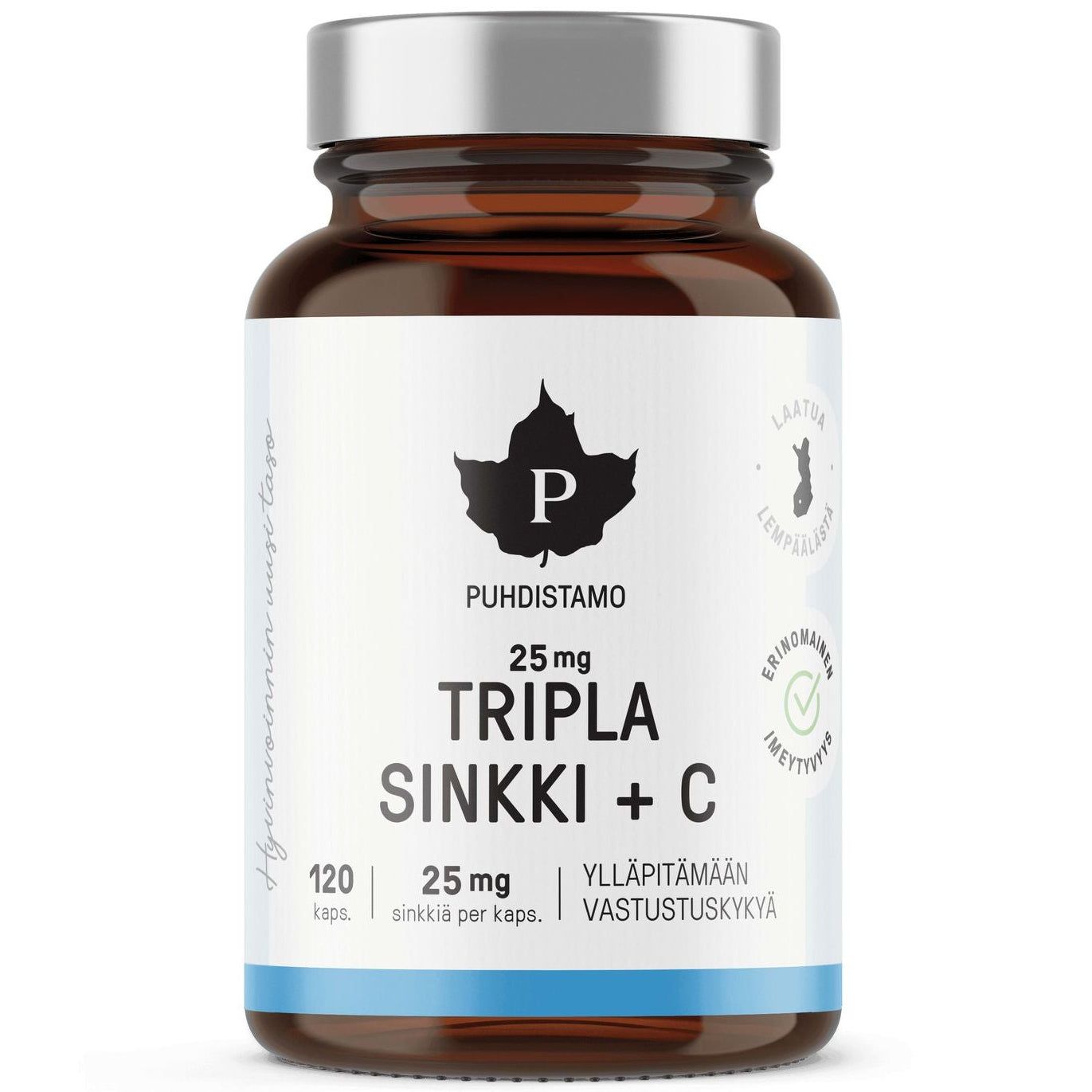 A brown bottle of Puhdistamo Triple Zinc 25 mg (120 capsules) with a white and blue label featuring Finnish text, health icons, and promoting high absorption.