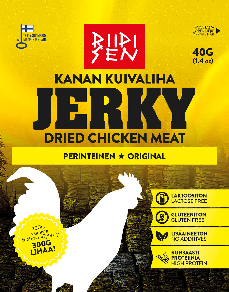 A yellow and black packet of Riipisen Chicken Jerky Original, featuring a white chicken silhouette and text noting this high-protein snack from Riipisen is lactose-free, gluten-free, and additive-free.
