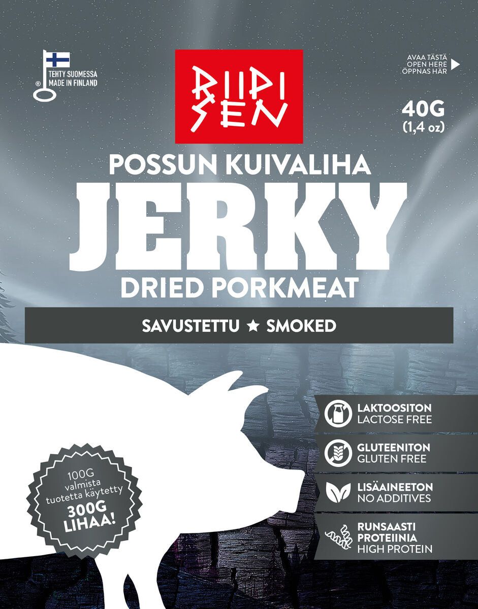 A pack of Riipisen Pork Jerky Smoked, an authentic Finnish snack from Riipisen. High in protein and free from lactose, gluten, and additives, it offers a rich smoked flavor and features a silhouetted pig on the label.