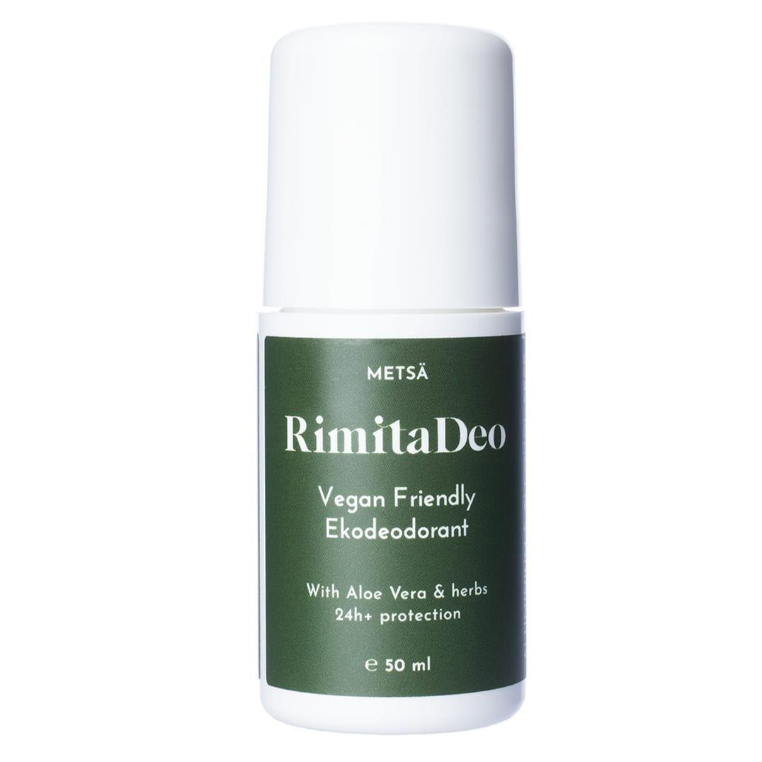 A white roll-on bottle with a dark green label reads: Rimita Green RimitaDeo Forest Aluminium Free Deodorant, vegan, pine scent with Aloe Vera & herbs, 24h+ protection, organic, aluminium-free, 50 ml.