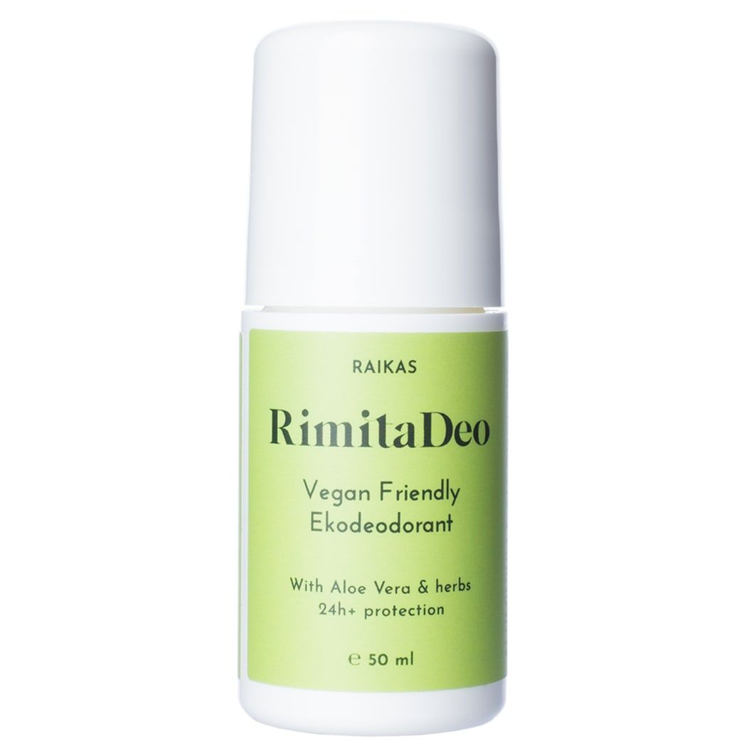 A white roll-on Rimita Green RimitaDeo Fresh Aluminium Free Deodorant, 50 ml, with a green label. It's vegan-friendly, organic with Aloe Vera & herbs, has a refreshing citrus scent and provides 24+ hour protection.