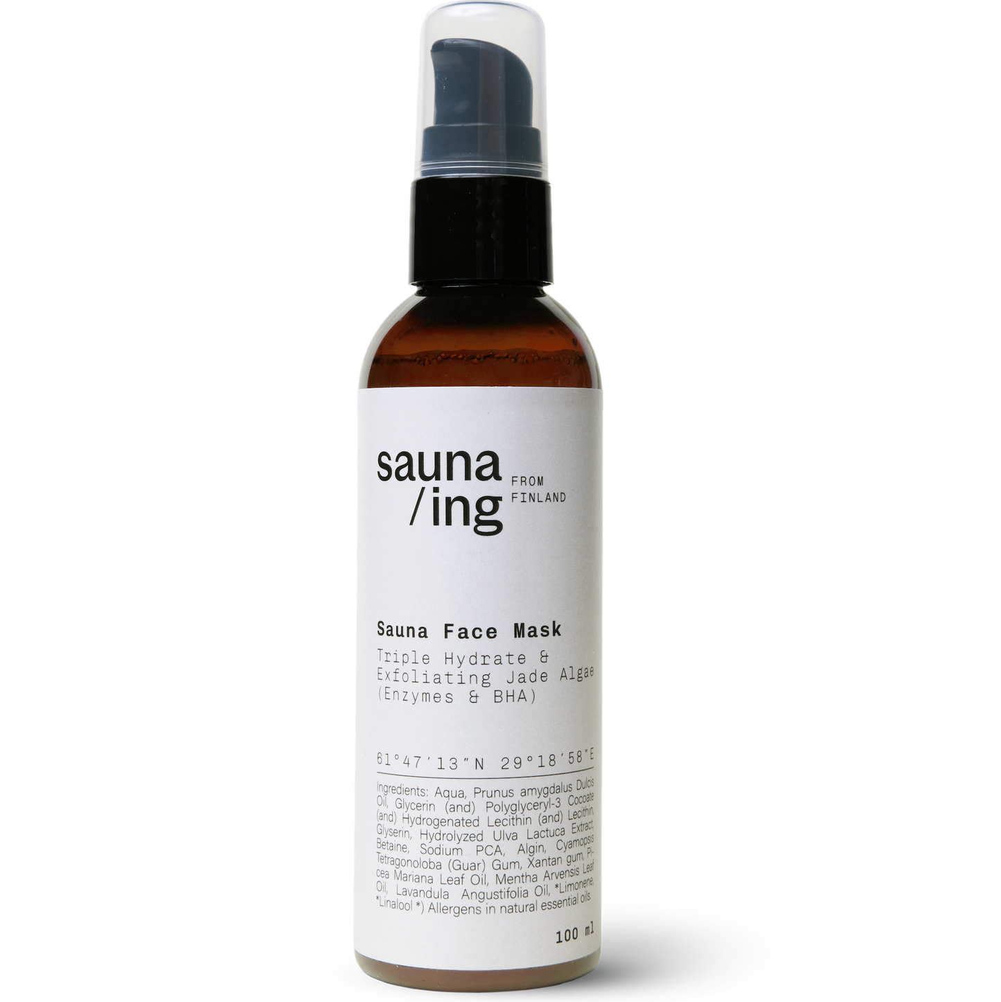 A brown pump bottle of sauna/ing Sauna Face Mask features a white label detailing it as a Triple Hydrate Complex exfoliating jade algae hydrating mask. The 100 ml packaging lists ingredients below. Brand: sauna/ing.