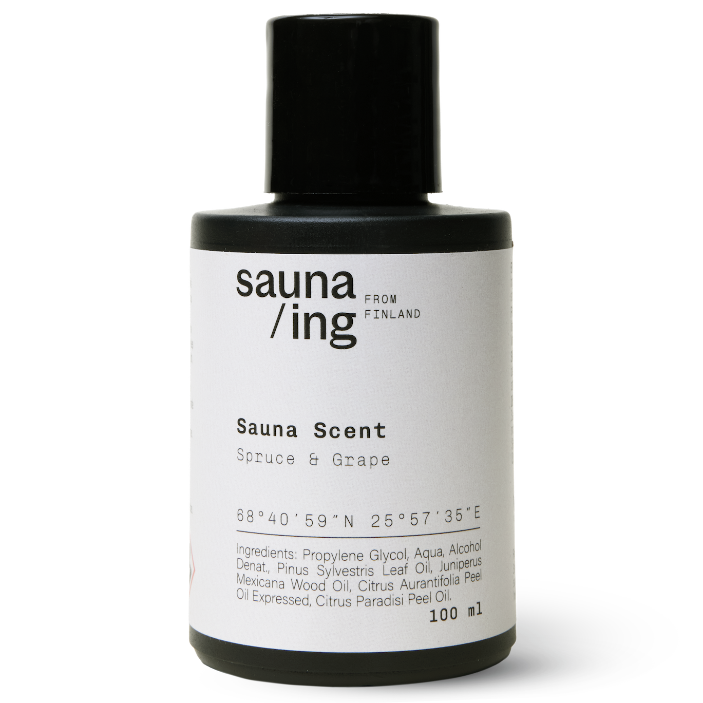 The sauna/ing Sauna Scent Spruce & Grape by sauna/ing comes in a black 100 ml bottle from Finland featuring a Nordic fragrance. Its label displays ingredients and coordinates.