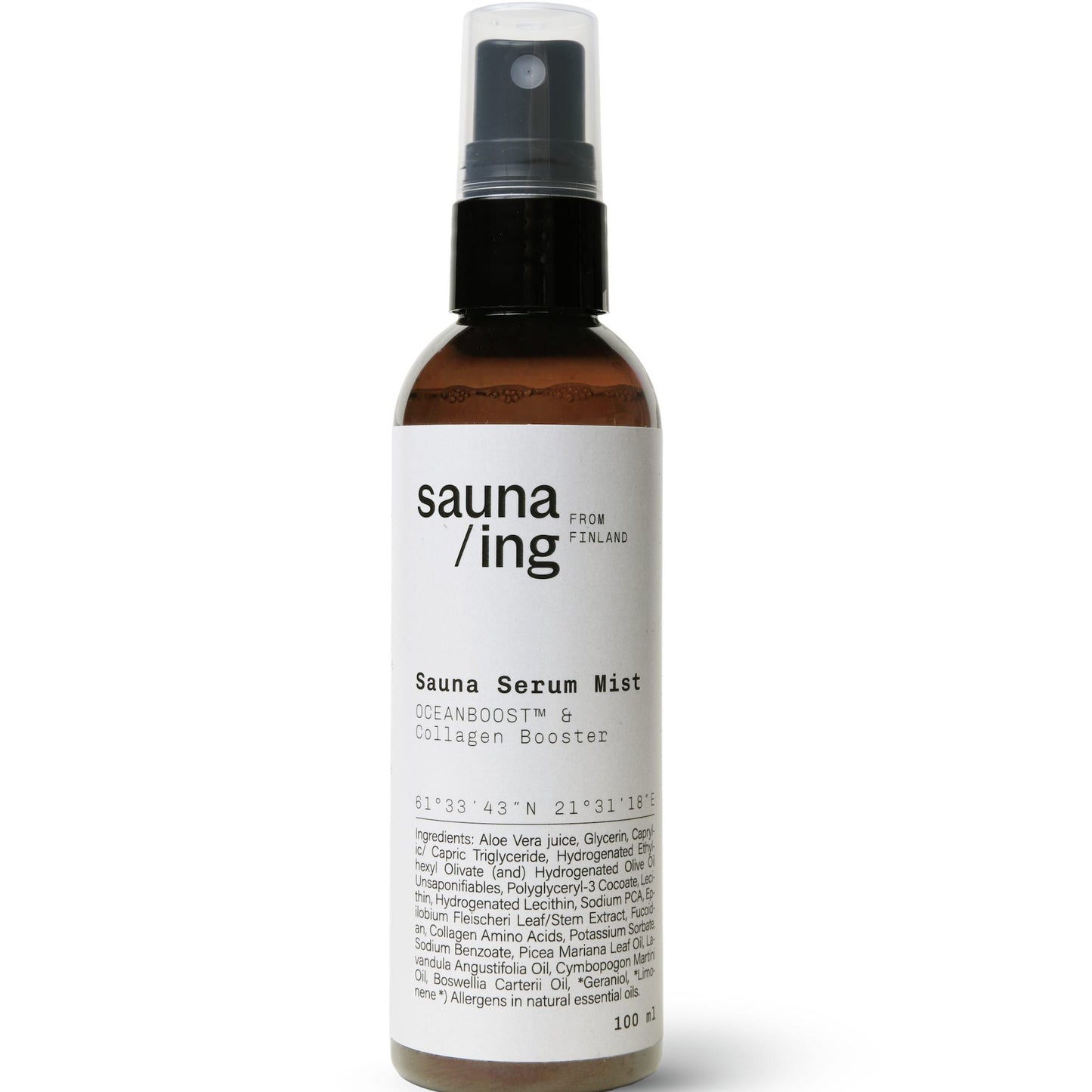 The sauna/ing Sauna Serum Mist by sauna/ing is a brown and white hydrating face spray with a black pump and clear cap, designed for post-sauna skincare.