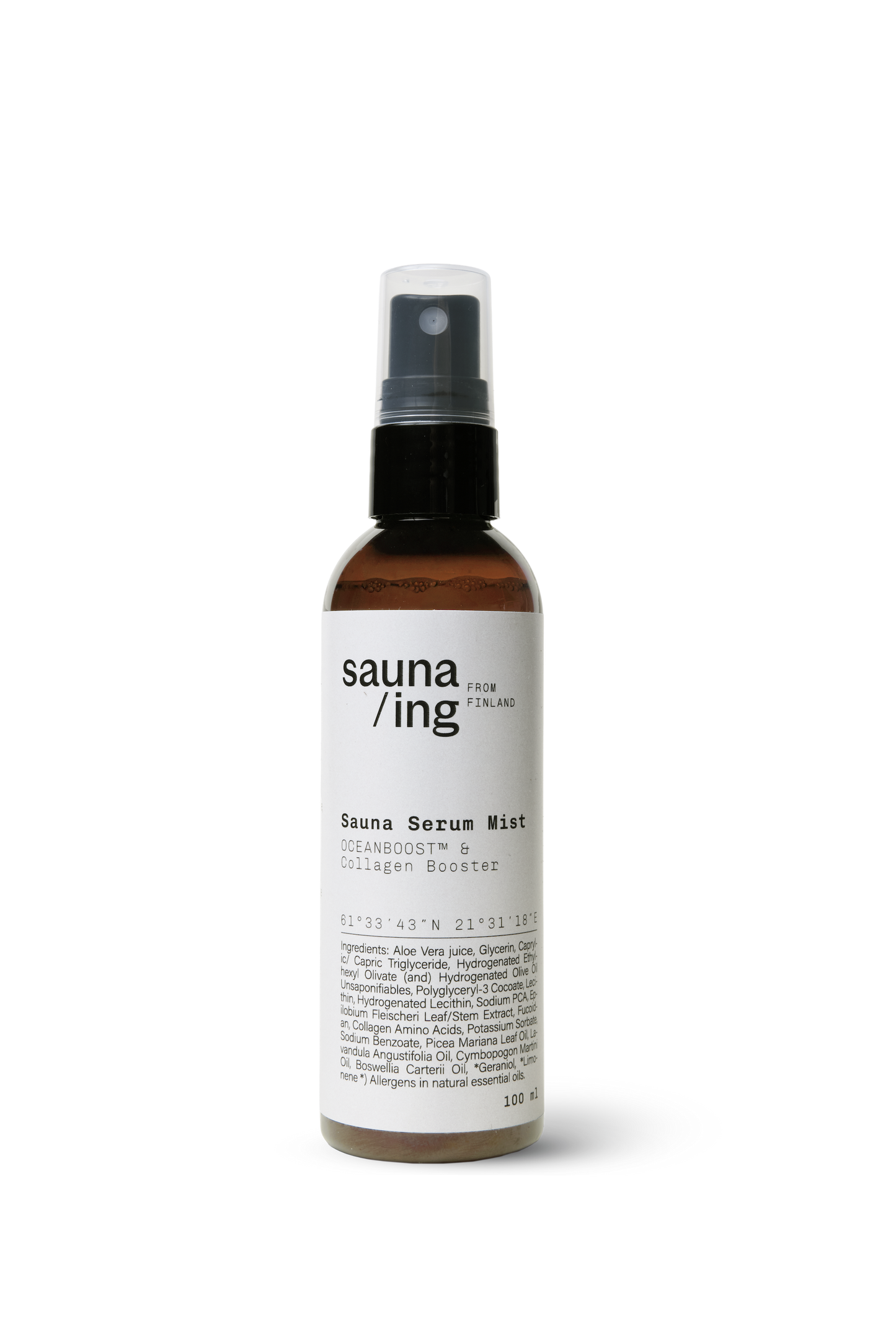 The sauna/ing Sauna Serum Mist by sauna/ing is a brown and white hydrating face spray with a black pump and clear cap, designed for post-sauna skincare.