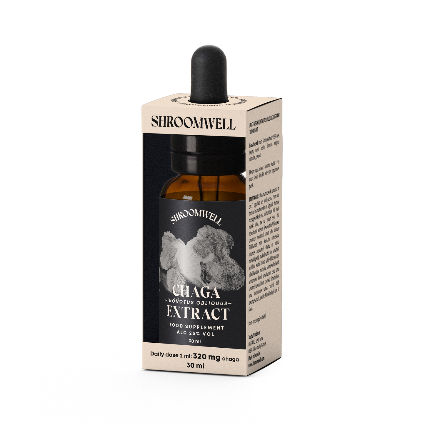 A small brown glass bottle of Shroomwell Chaga Extract with a black dropper, in a beige box displaying product info and a Chaga Mushroom image. The label notes it as a food supplement by Shroomwell.