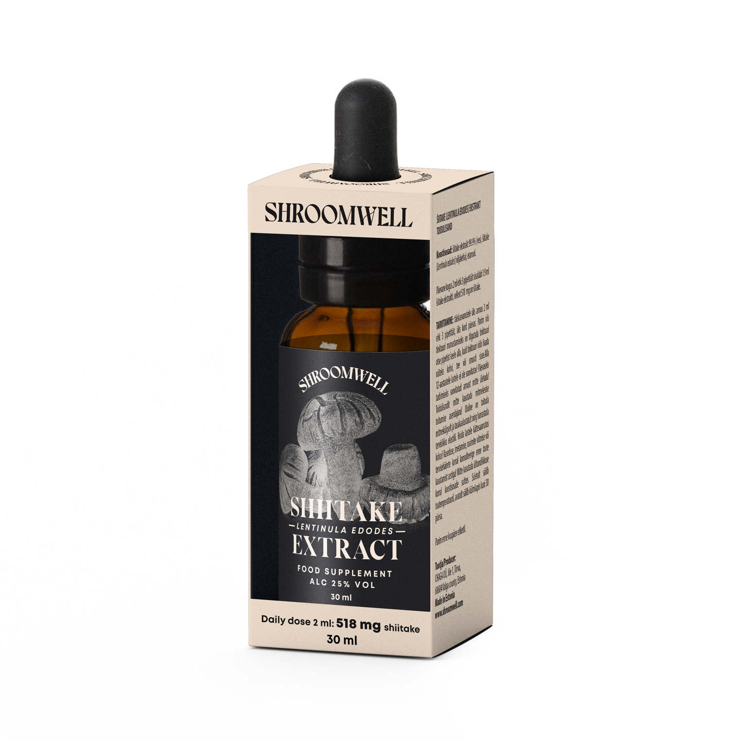 A box of Shroomwell Shiitake Extract vegan supplement featuring product details and shiitake mushrooms, containing a brown dropper bottle with a mushroom drops cap inside. Brand: Shroomwell.