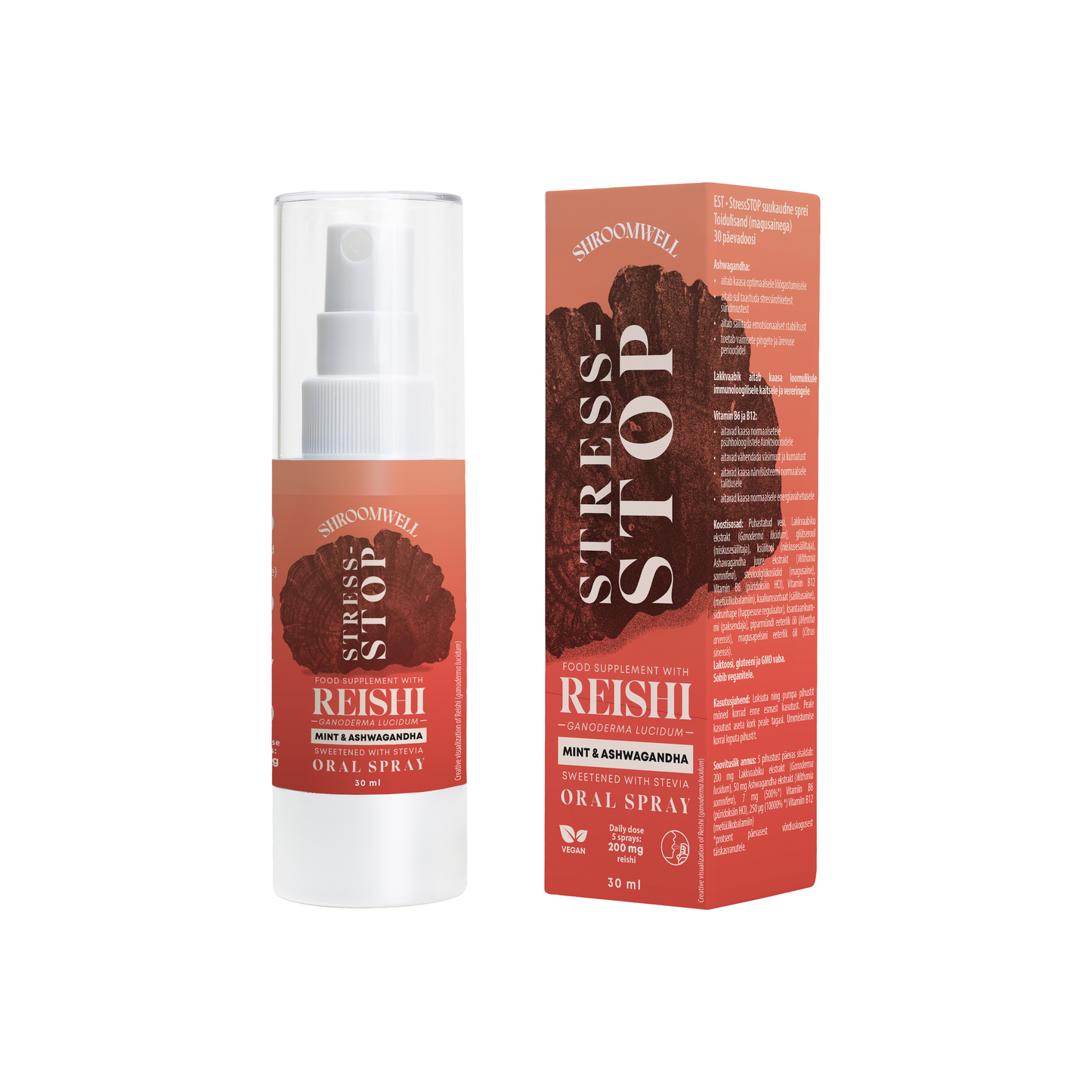 A 30 ml bottle of Shroomwell Stress-Stop Reishi Spray by Shroomwell, featuring reishi and ashwagandha, comes in white and orange packaging with product details and a reishi mushroom illustration.