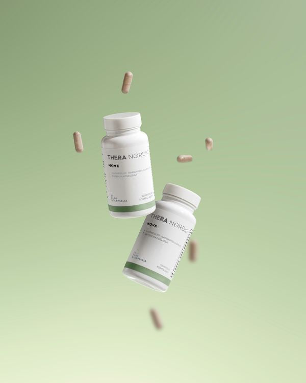 Two white bottles labeled "THERA Nordic Move" float against a soft green gradient with capsules suspended around them, highlighting this THERA Nordic magnesium supplement that supports healthy bowel movements in a clean, minimalist scene.