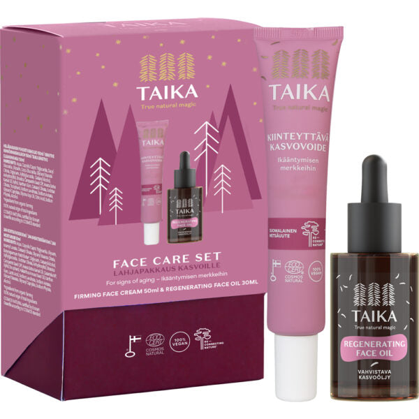 The Taika Face Care Set by Taika features natural skincare with hyaluronic acid, including a pink box, firming face cream tube, and regenerating face oil in packaging adorned with trees and elegant white and gold nature-inspired accents.