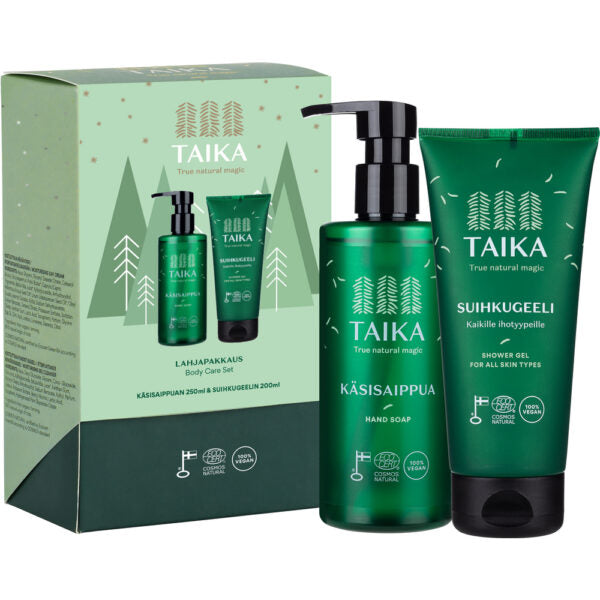 The Taika Hand & Body Care Set includes a pump bottle of gentle hand wash and a shower gel tube, both decorated with tree designs and Finnish text—reflecting the authentic quality of Taika.