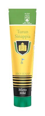 Un tubetto di senape delicata Turun Sinappi Turku con etichetta gialla e verde, stemma, bandiera finlandese e tappo nero. La confezione presenta testi in finlandese e svedese che mettono in risalto questa classica senape delicata.