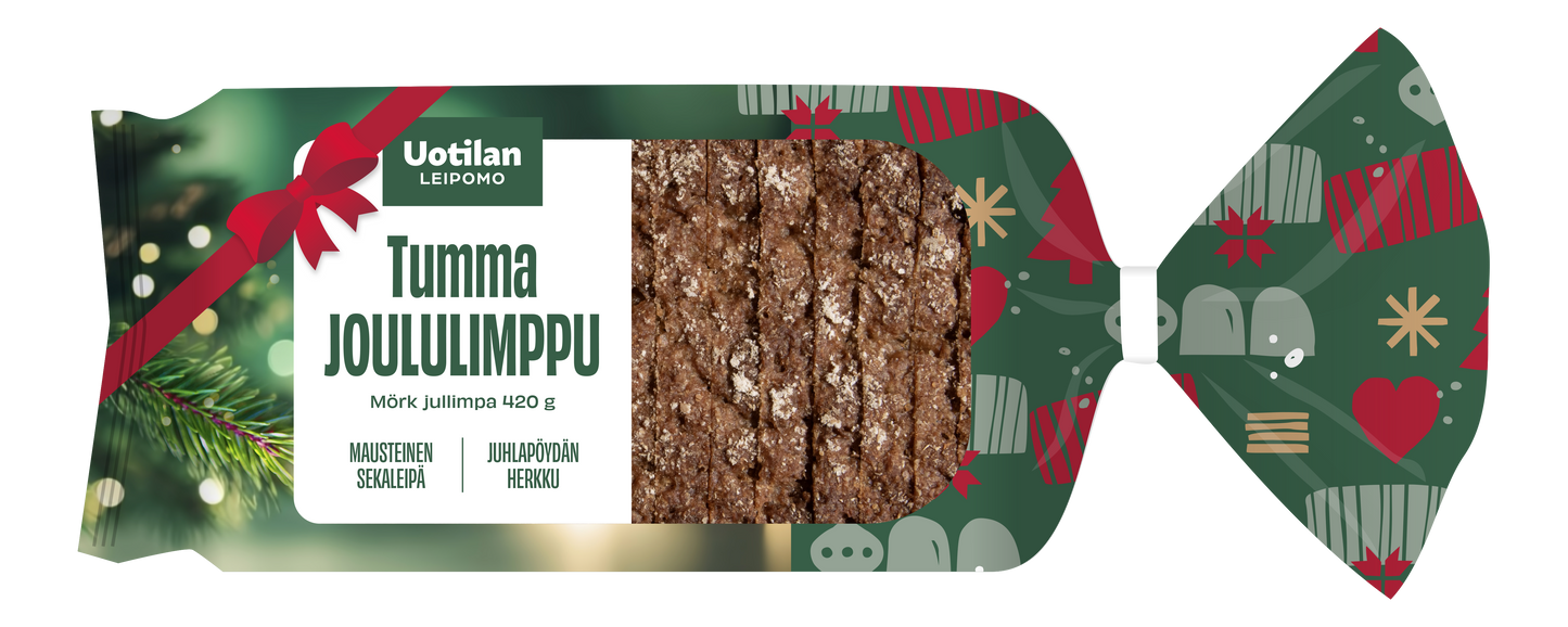 The Uotilan Dark Christmas Loaf by Uotilan is a festive Finnish rye bread in green holiday-themed packaging with gifts, hearts, and pine branches, topped with a red bow—perfect for vegan celebrations.