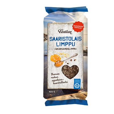 A packaged loaf of Uotilan Archipelago Loaf rye bread with a rustic label featuring bread slices, grains, and a heart-shaped piece on wood. The packaging has blue accents, Finnish text, and highlights traditional Finnish grain. Brand: Uotilan.