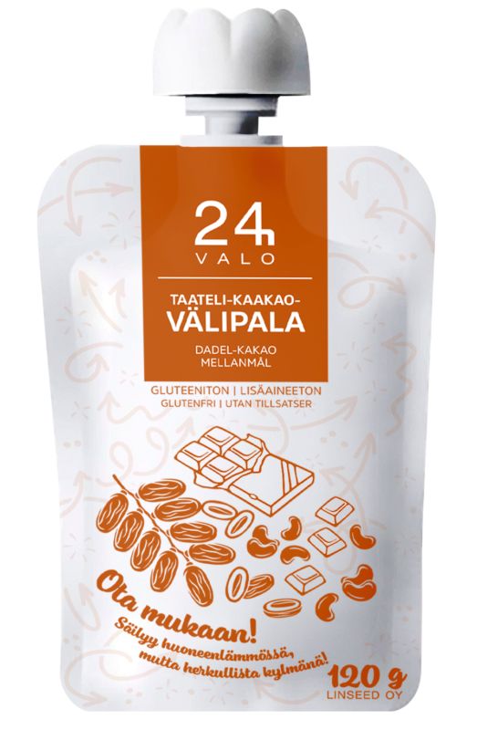 A white and orange squeeze pouch labeled Valo24h Date-Cocoa Smoothie features dates, cocoa beans, and seeds. This gluten-free, additive-free snack contains 120g of linseed oil—a wholesome treat for chocolate lovers from Valo24h.