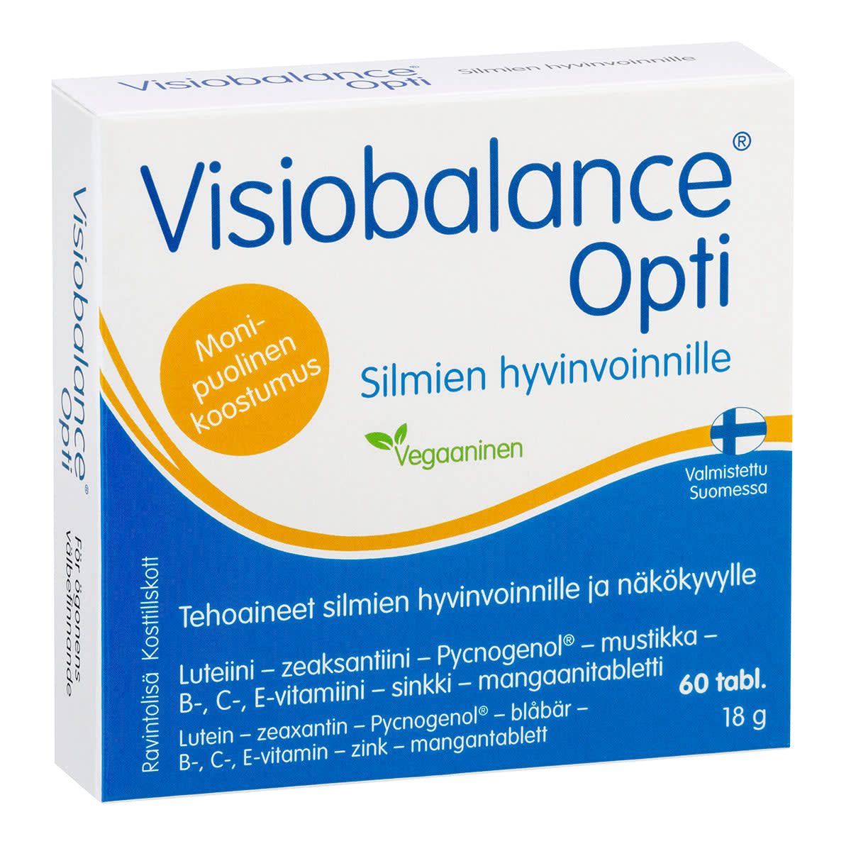 A box of Hankintatukku Visiobalance Opti (60 tablets) features Finnish text, a blue and yellow design, vegan and made in Finland icons, and highlights eye health benefits with lutein and bilberry.