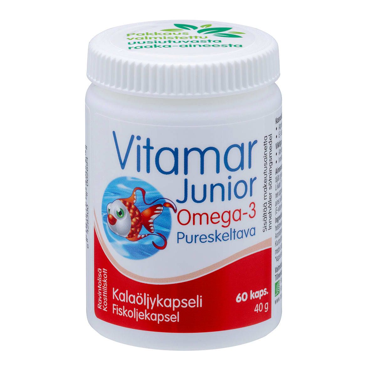 A white container of Hankintatukku Vitamar Junior Omega-3 chewable capsules features a cartoon fish on the mainly white label with blue and red text, a red bottom section, and highlights EPA & DHA—ideal Omega-3 for adolescents.