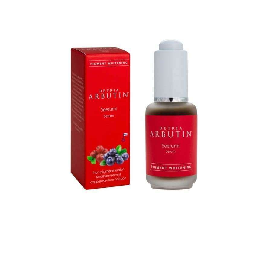A red box and glass dropper bottle labeled Detria Arbutin Serum, featuring berry graphics and pigment whitening text, highlight its use as a hyperpigmentation or melasma treatment. The white-capped bottle matches the packaging design. Brand: Detria Arbutin.