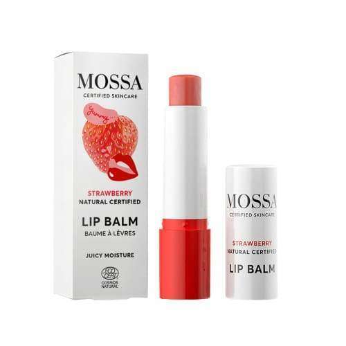 A tube of Mossa Lip Balm by Mossa, strawberry flavour, shown with its white and red cap off. The box displays a strawberry with lips and promotes juicy moisture plus nourishing strawberry seed oil.