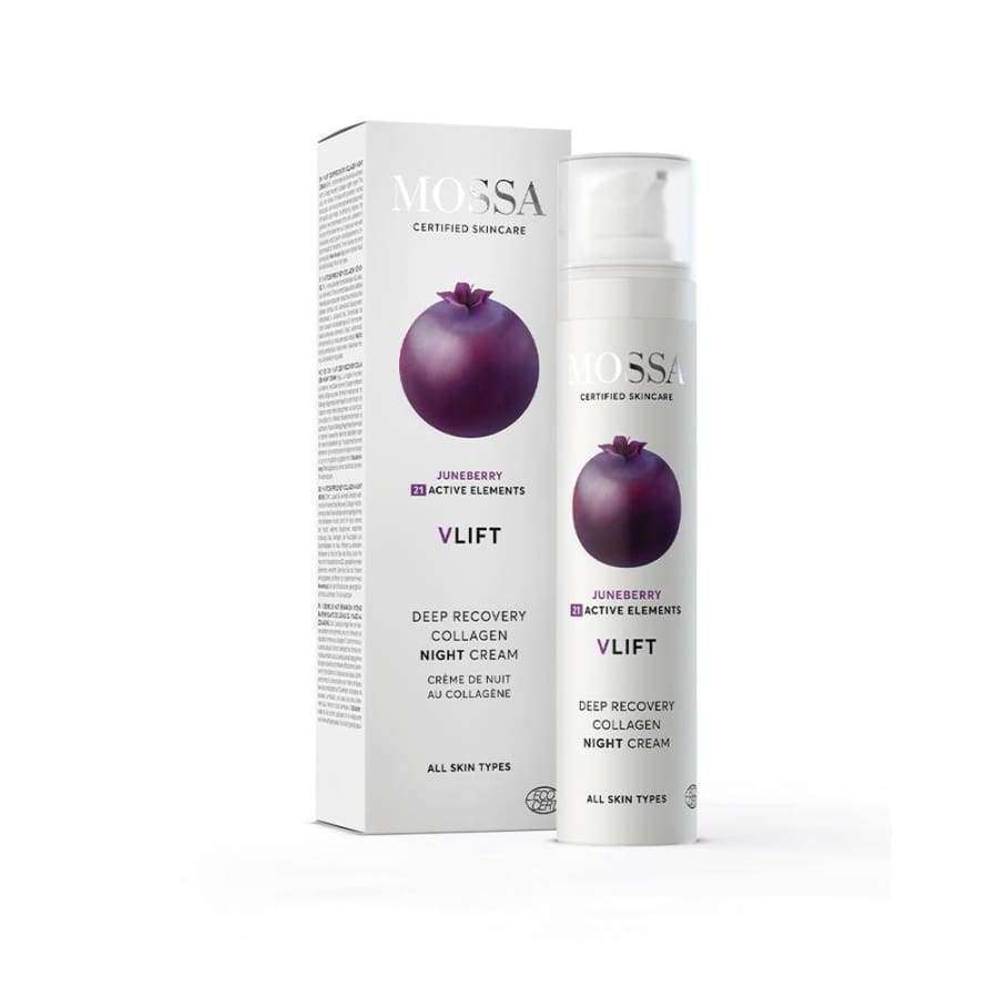 A white bottle and box of Mossa V LIFT Deep Recovery Collagen Night Cream showcase purple juneberry imagery. The packaging emphasizes juneberry extract and certified skincare for all skin types, featuring active ingredients.