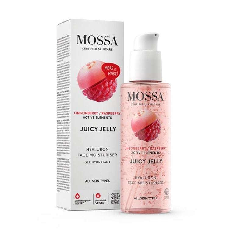 The Mossa Juicy Jelly Hyaluron Face Moisturiser comes in a pump bottle and box with raspberry and lingonberry images, delivers antioxidants and hydration, is vegan, and suitable for all skin types.
