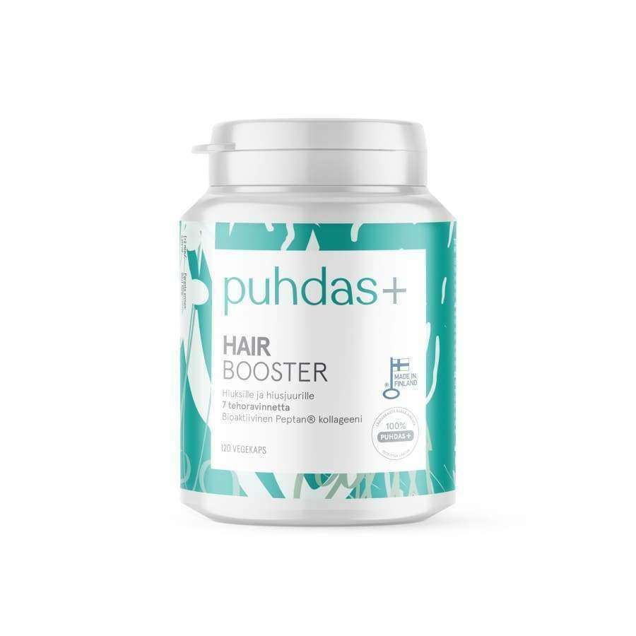 A white container of Puhdas+ Hair Booster hair growth supplement by Puhdas+, featuring a teal and white label with the product name, brand logo, and details highlighting its biotin-rich ingredients and benefits.