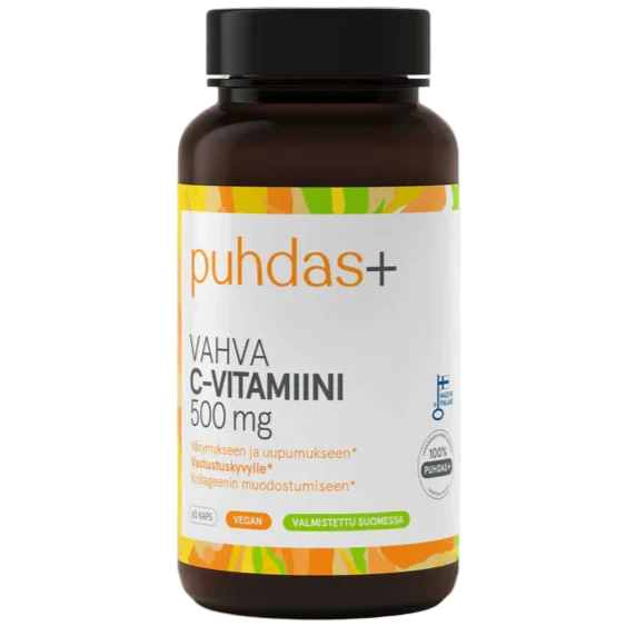A brown plastic bottle of Puhdas+ Vahva C-vitamiini 500 mg dietary supplement with a black cap and a white label featuring orange and green accents.