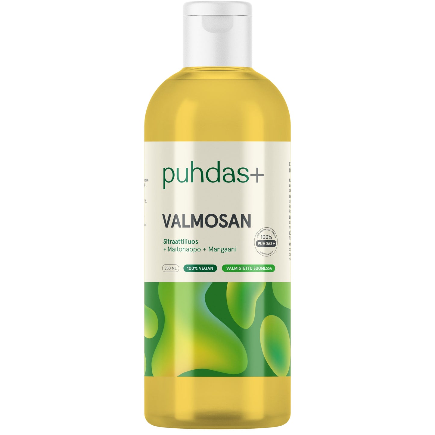 A bottle of Puhdas+ Valmosan seaweed extract liquid, featuring a clear plastic bottle filled with yellow-green liquid, a white cap, and a label with green and white graphics.