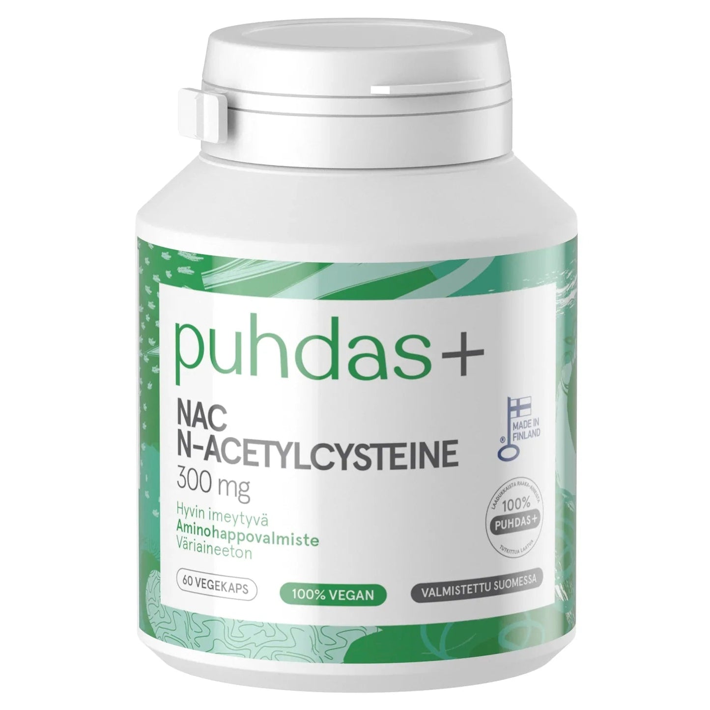 A white plastic bottle of puhdas+ NAC N-ACETYLCYSTEINE 300 mg dietary supplement, featuring a white and green label with a white cap, set against a plain white background.