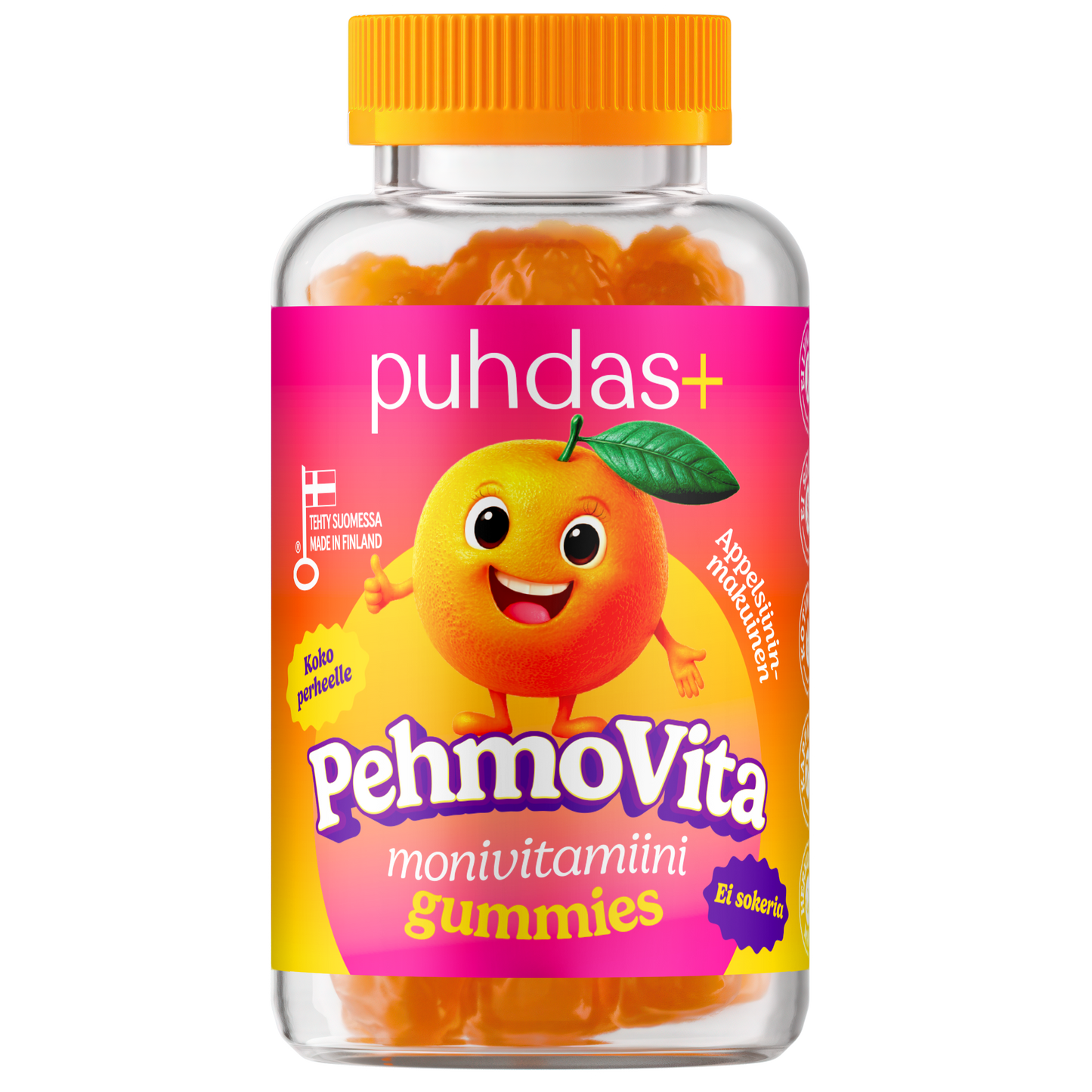 A bottle of Puhdas+ PehmoVita from Puhdas+ with an orange label showing a smiling cartoon orange and a yellow lid, filled with orange multivitamin gummies containing essential Vitamin C.