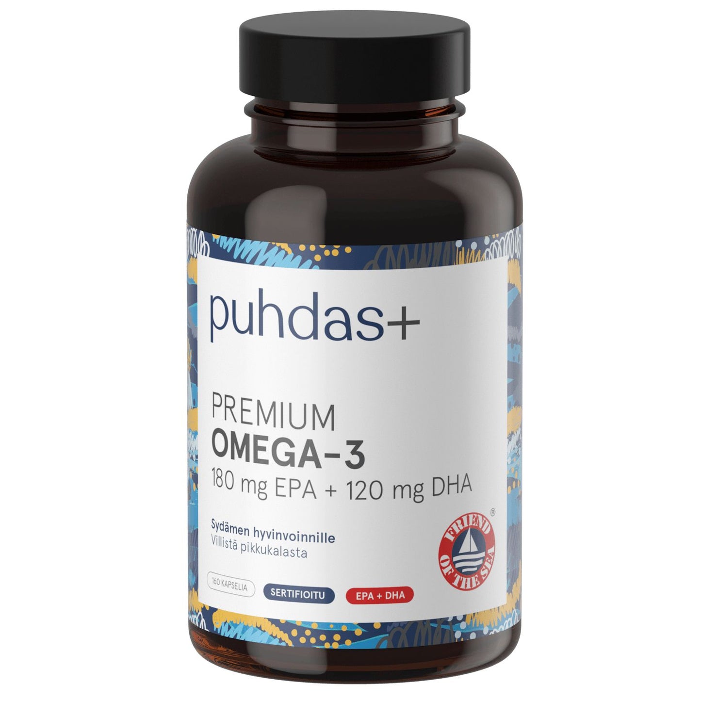 A bottle of puhdas+ Premium Omega-3 dietary supplement, featuring a dark amber bottle with a black cap and a white label with blue and yellow accents.
