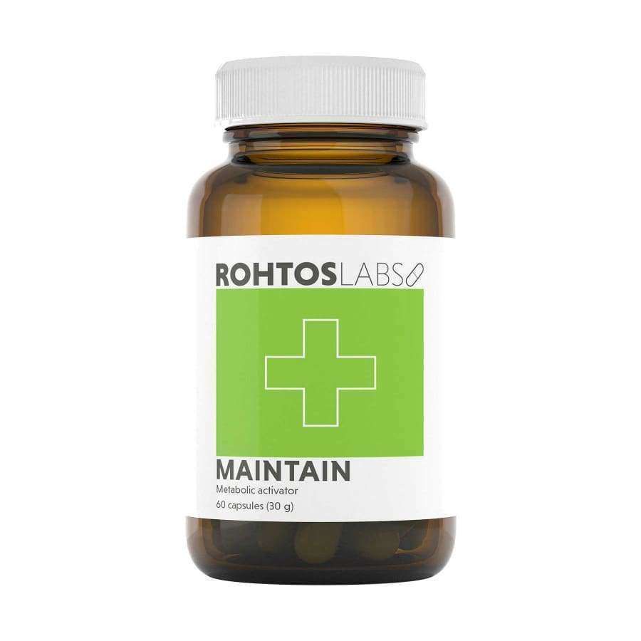 A brown bottle labeled Rohtos Labs Maintain by Rohtos Labs with a green square and white medical cross. Contains 60 capsules of metabolic activator featuring polyphenols like green tea extract.