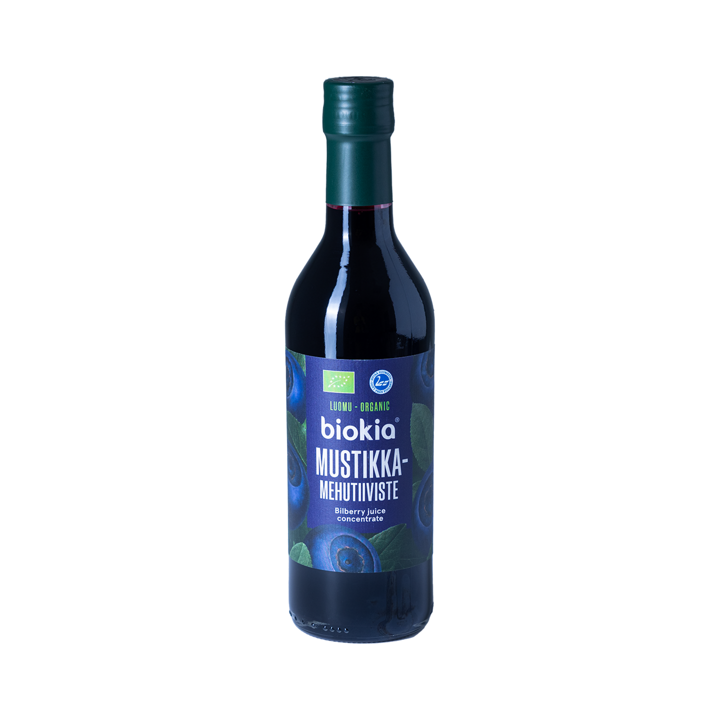 A glass bottle of Biokia Organic Bilberry Juice Concentrate by Biokia, featuring a dark blue and green label with blueberry images on a light gray background.