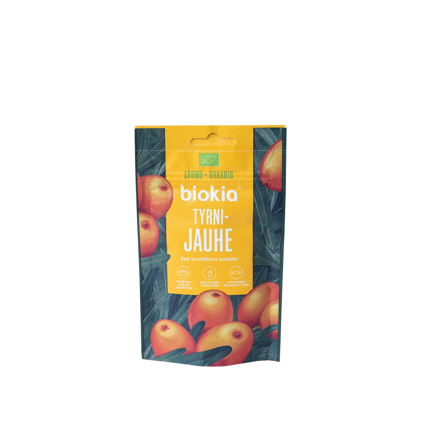 A vibrant pouch of Biokia Organic Sea Buckthorn Powder (label: TYRNIJAUHE) features sea buckthorn berries, green leaves, and highlights its high fiber and vitamin C content, with text in both Finnish and English.