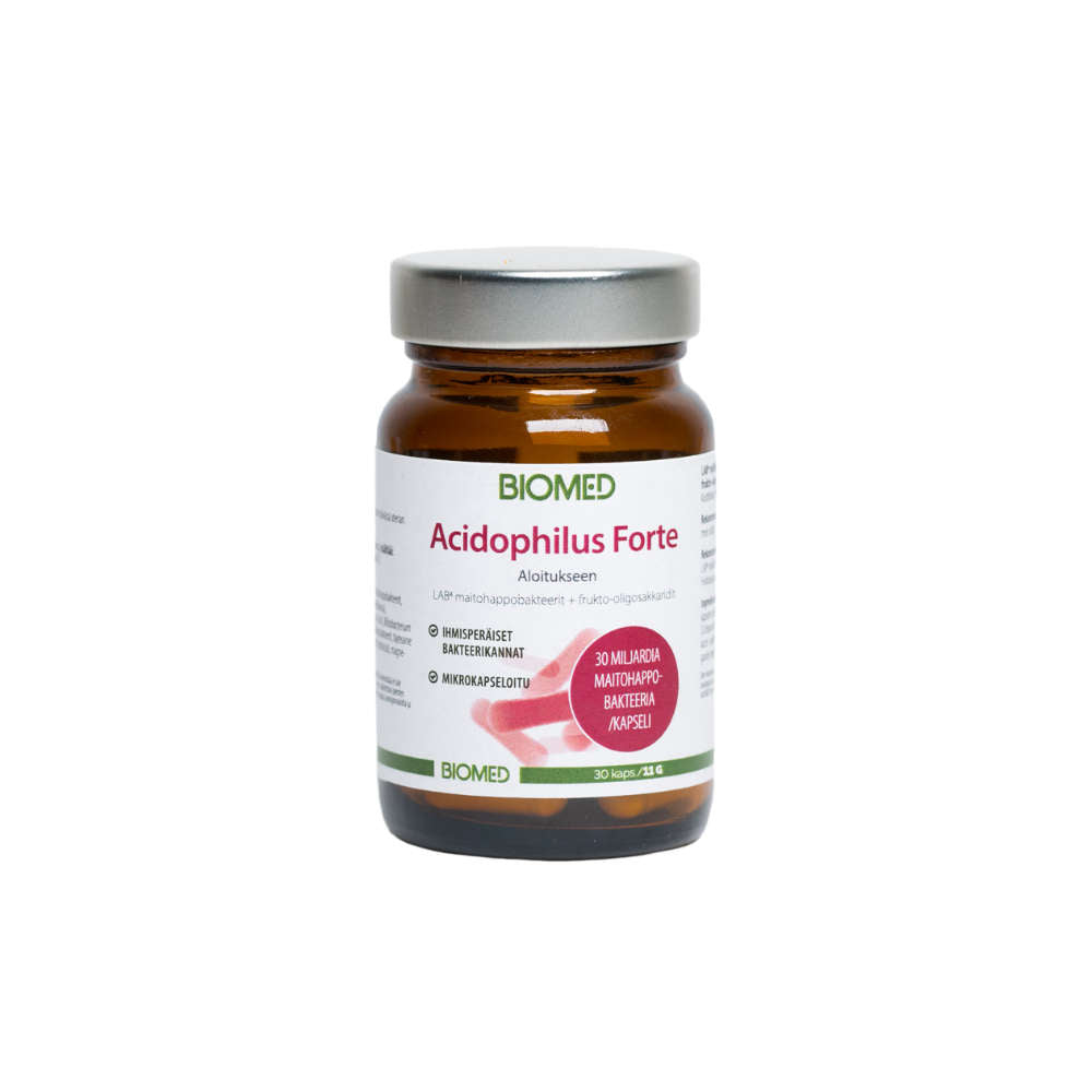 A brown glass bottle labeled Biomed Acidophilus Forte LAB4 contains 30 probiotic capsules. The Finnish label highlights 30 miljardia maitohappobakteeria (lactic acid bacteria) and other product details.
