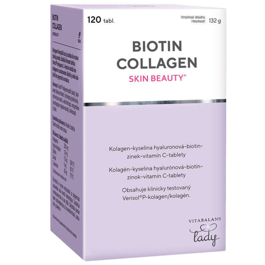 A box of Vitabalans Biotin Collagen Skin Beauty supplements (120 tablets) features mainly white and purple packaging, highlighting Verisol collagen peptides for skin firmness and beauty, with ingredient details on the front.