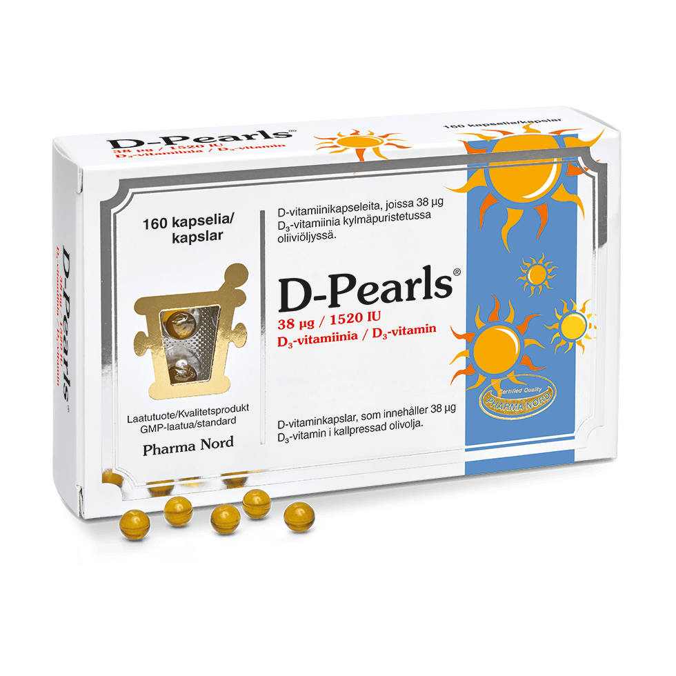 A box of Pharma Nord D-Pearls 38 mikrog is shown with small, round, yellow capsules in front. The packaging displays a sun design and text in Finnish and Swedish noting support for the immune system.
