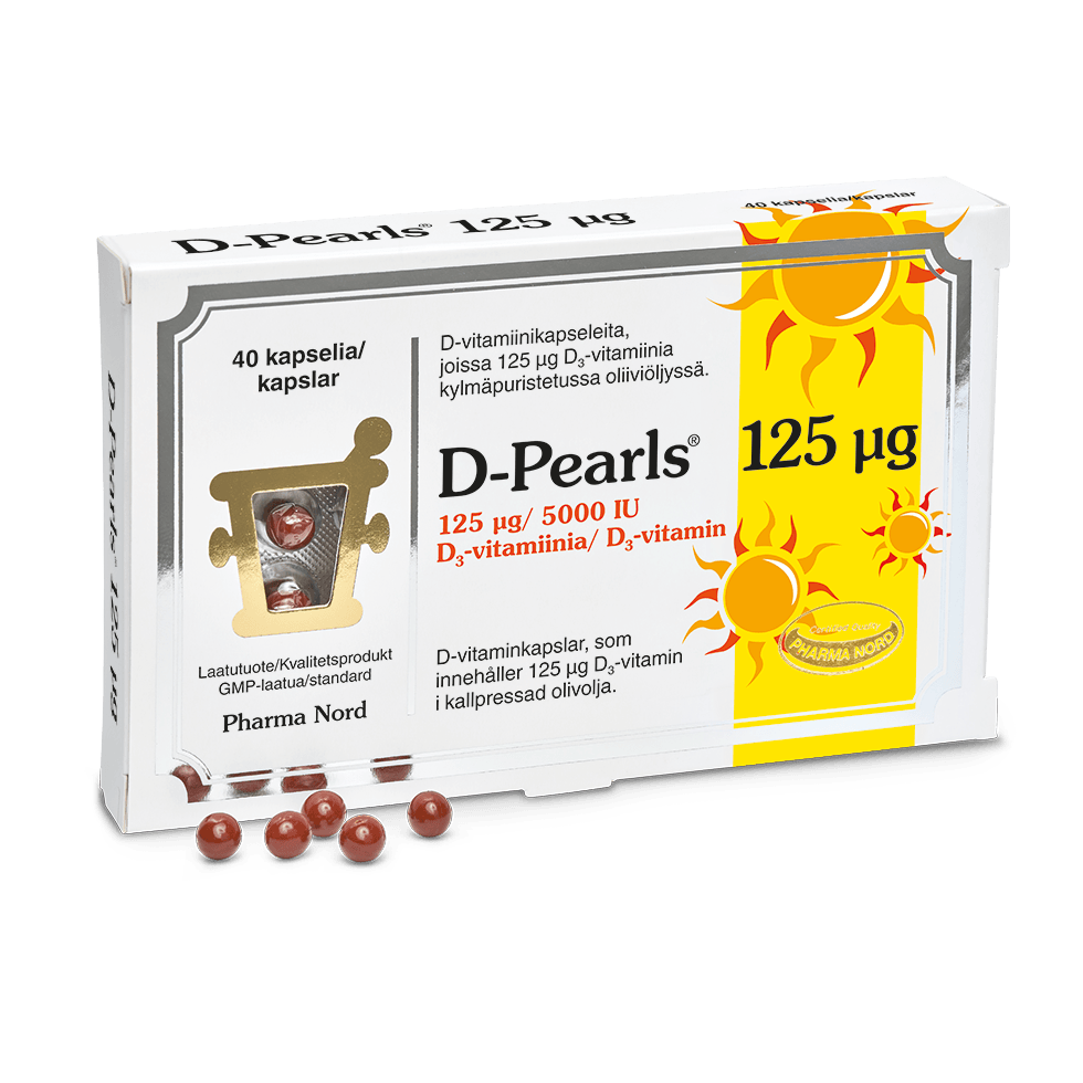 A partially open box of Pharma Nord D-Pearls 125 mikrog shows small brown capsules in cold-pressed olive oil, with bright yellow sun graphics on the packaging.