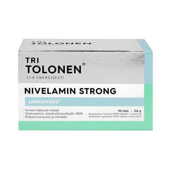A box of Dr. Tolonen Nivelamin Strong dietary supplement (brand: Dr. Tolonen) in white, grey, and turquoise. The Finnish label highlights joint health as a Glucosamine tablet with 90 tablets per pack.
