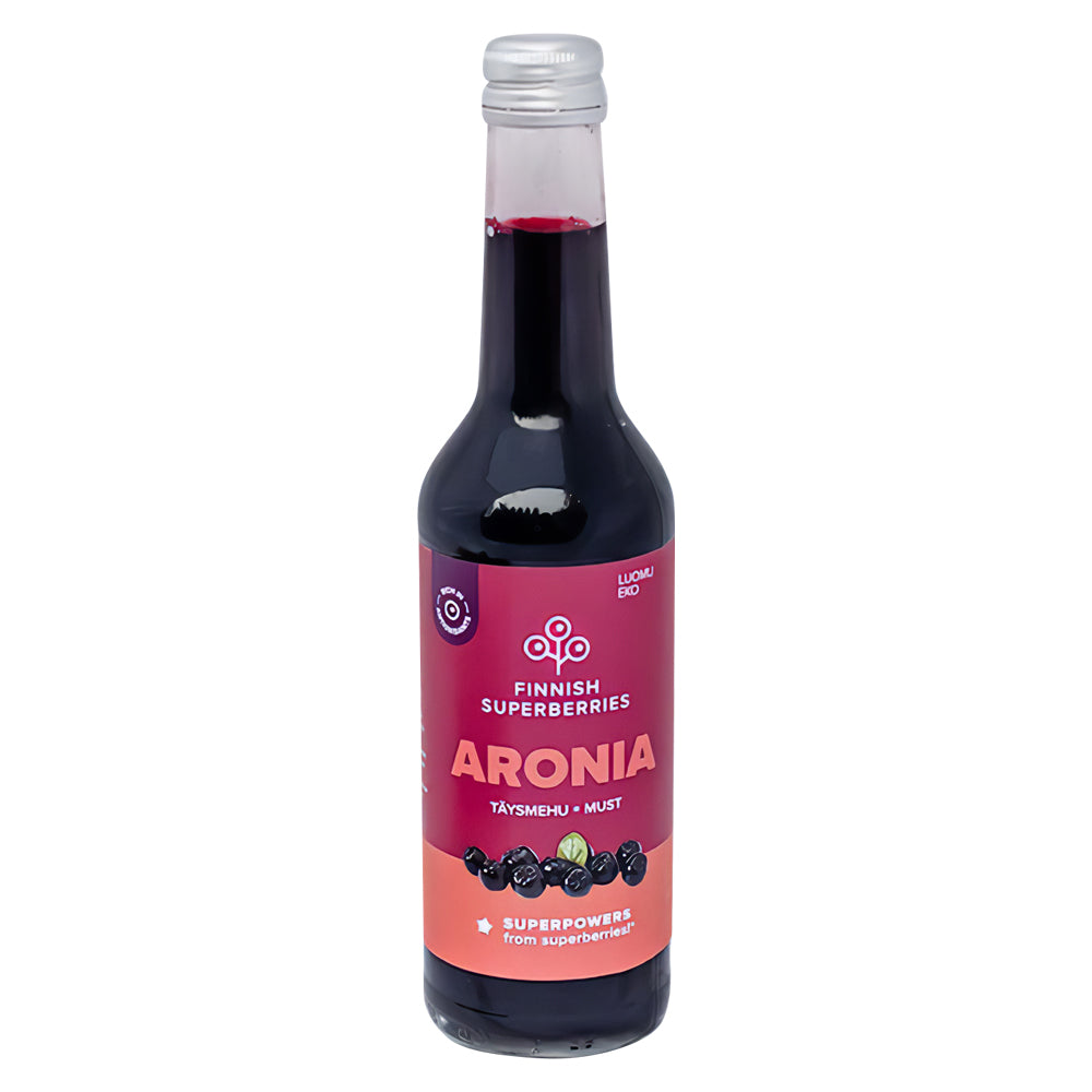 A bottle of Finnish Superberries Organic Aronia Juice with a purple-red label, black screw cap, and images of organic Aronia berries. The label promotes its antioxidant-rich superberry benefits.
