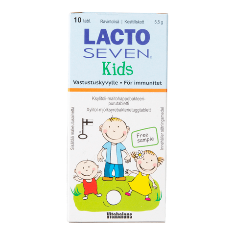 A box of Vitabalans Lacto Seven Kids supplement shows three smiling children and a cat, highlights immunity support with lactic acid bacteria, and is labeled as a free sample in Finnish, Swedish, and English.