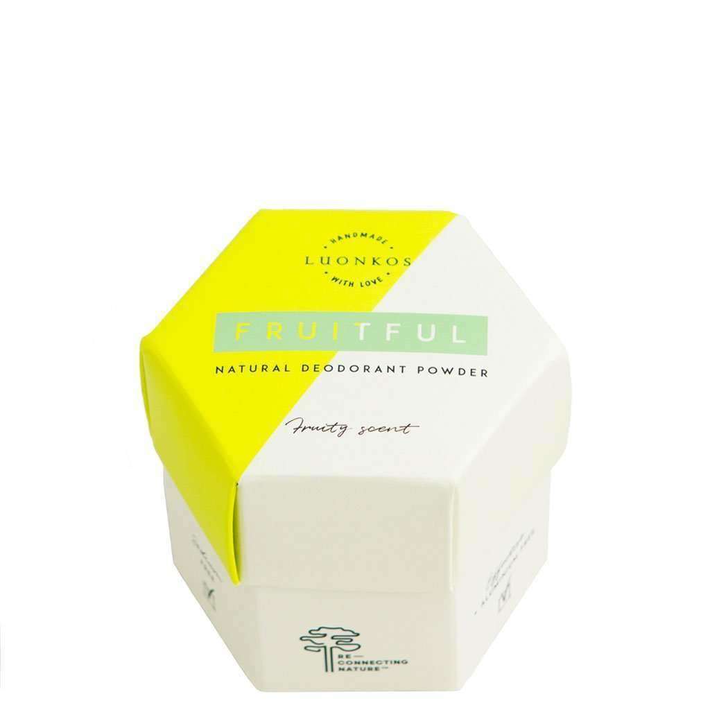 The Luonkos Natural Deodorant Powder Fruitful comes in a hexagonal box with a white and yellow design, is fruity-scented, handmade with love by Luonkos, and enriched with forest-microbe extract for a zero waste routine.