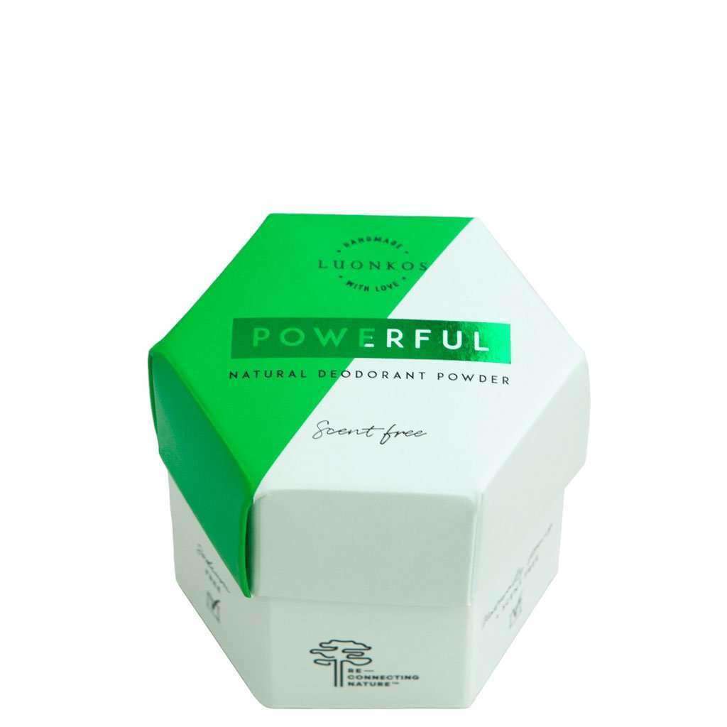 A white and green hexagonal box of Luonkos Powerful Natural Deodorant Powder features zero waste packaging with geometric designs, eco-friendly graphics, and promotes forest-microbe extract for natural freshness.